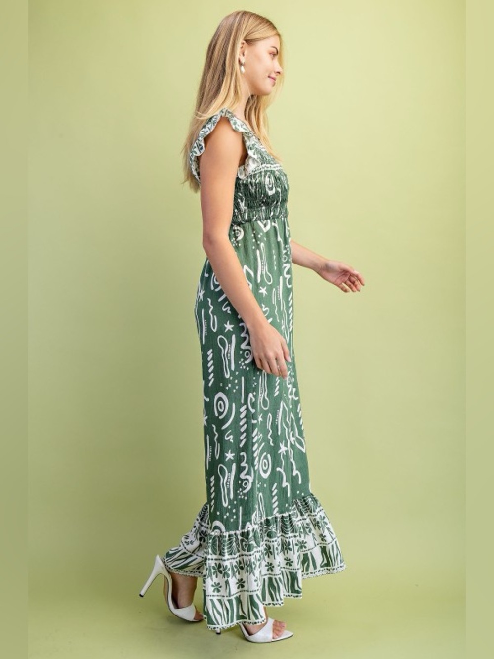 Boutique Matcha Green Boho Wide Leg Jumpsuit Ruffle Sleeve Resort Outfit - Picture 6 of 7